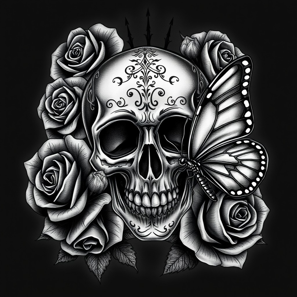 An elaborate gothic tattoo design featuring a darkly artistic skull, embellished with a striking butterfly perched nearby, and surrounded by thorny roses