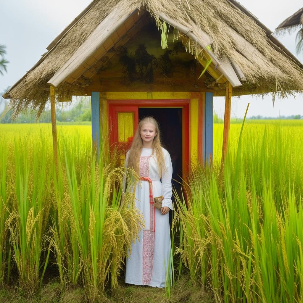 A beautiful Russian teenager dressed in farmer's clothes, posing in a bright and beautiful rice field hut.