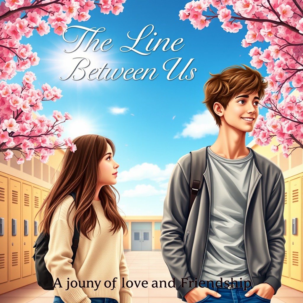 A captivating novel cover for a teenage romance titled 'The Line Between Us', featuring high school students