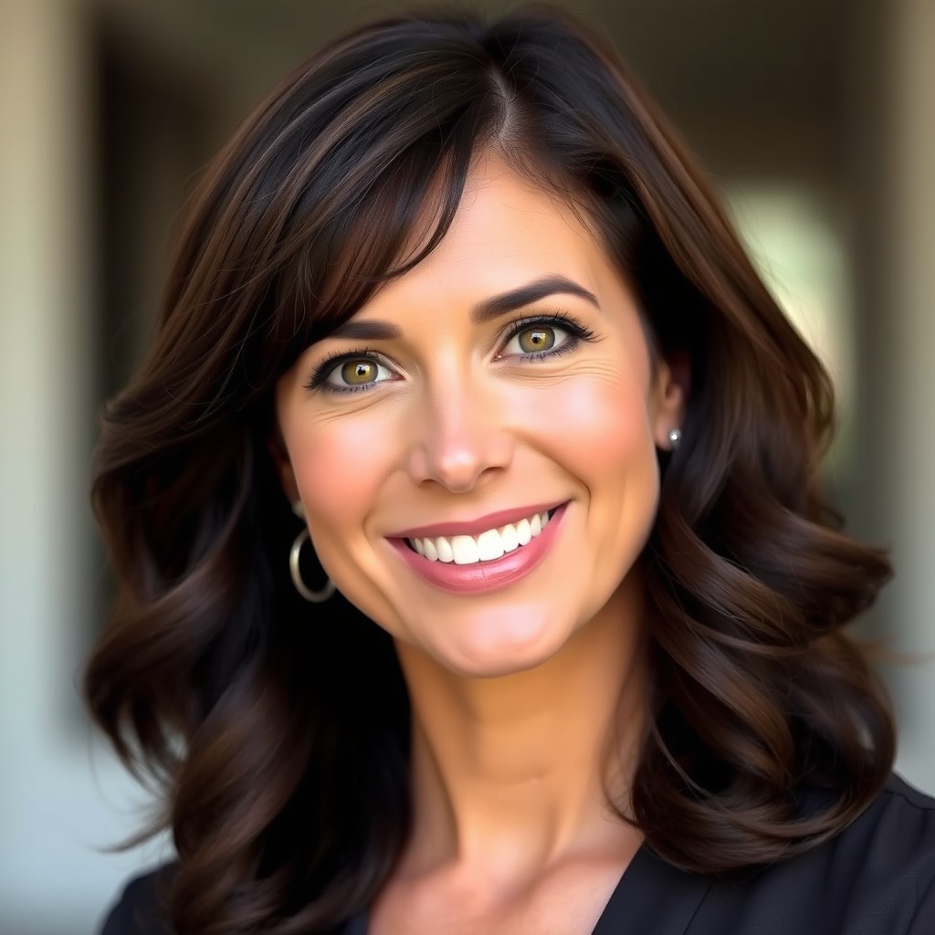 A stunning portrait of a brunette woman aged between 30 and 50 years old