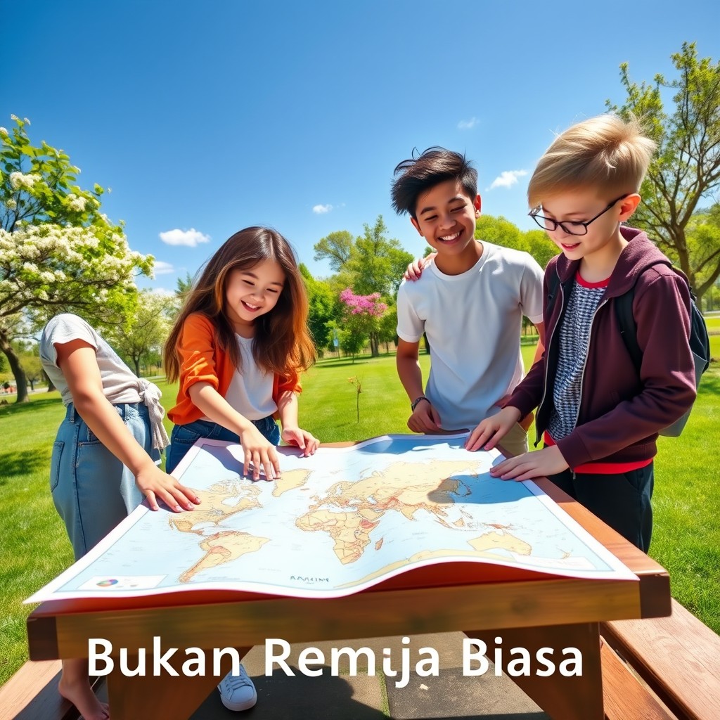 A vibrant scene depicting four friends, two girls and two boys, standing together under a bright blue sky, representing their strong friendship and shared dreams