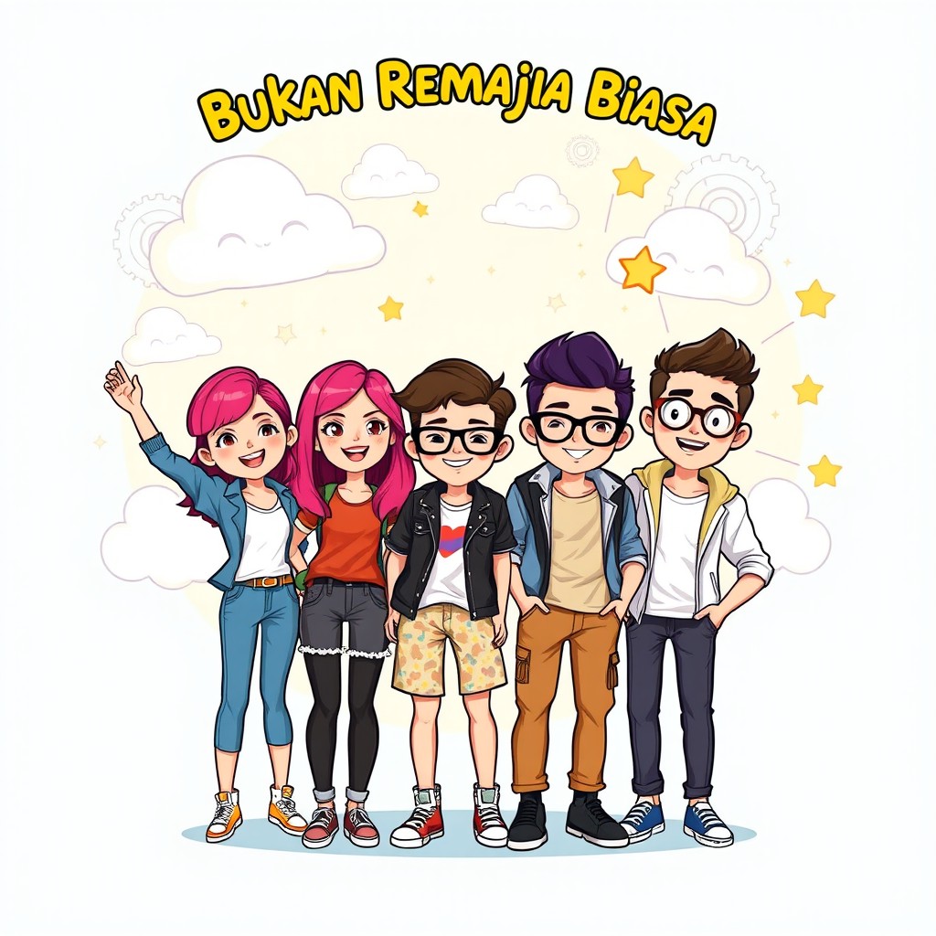 An illustration titled 'Bukan Remaja Biasa', featuring four friends - two girls and two boys - standing together in a vibrant, dynamic pose