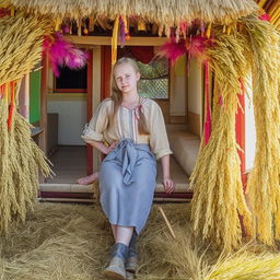 A beautiful Russian teenager dressed in farmer's clothes, posing in a bright and beautiful rice field hut.