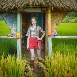 A beautiful Russian teenager dressed in farmer's clothes, posing in a bright and beautiful rice field hut.