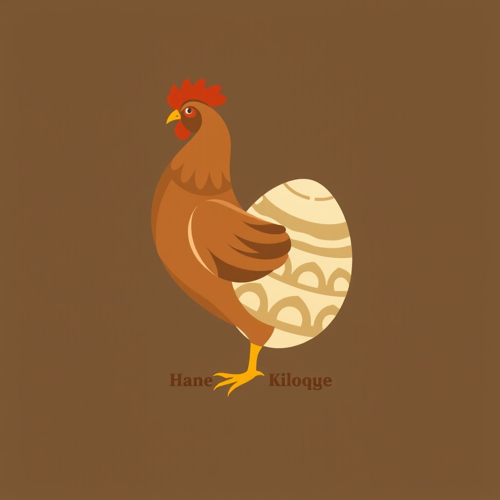 A hen standing upright with its beak and wings facing down, elegantly spiraling around a large egg