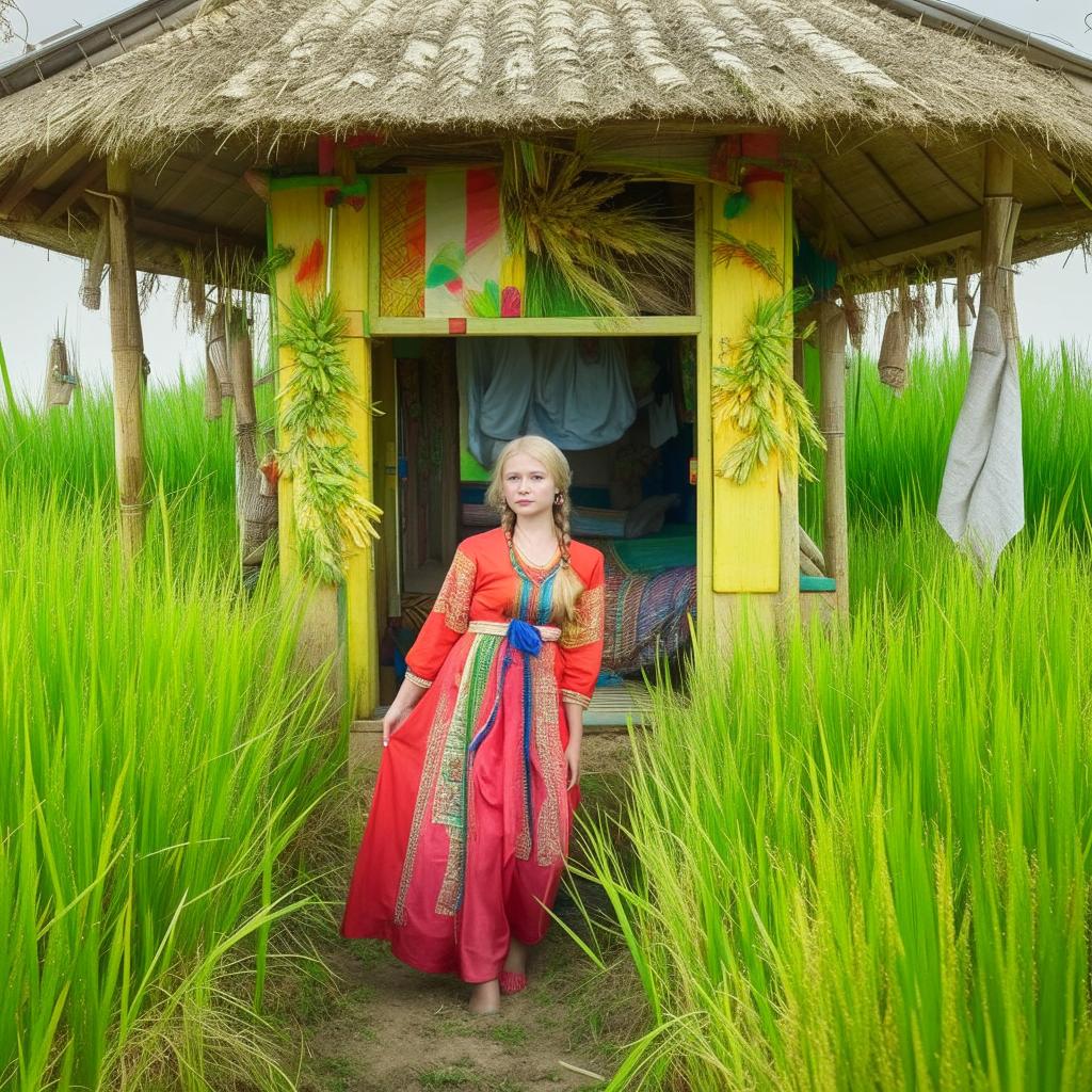 A beautiful Russian teenager dressed in farmer's clothes, posing in a bright and beautiful rice field hut.