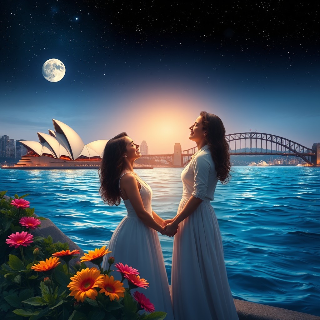 A romantic scene depicting twin flames in love, set against the stunning backdrop of Sydney, Australia