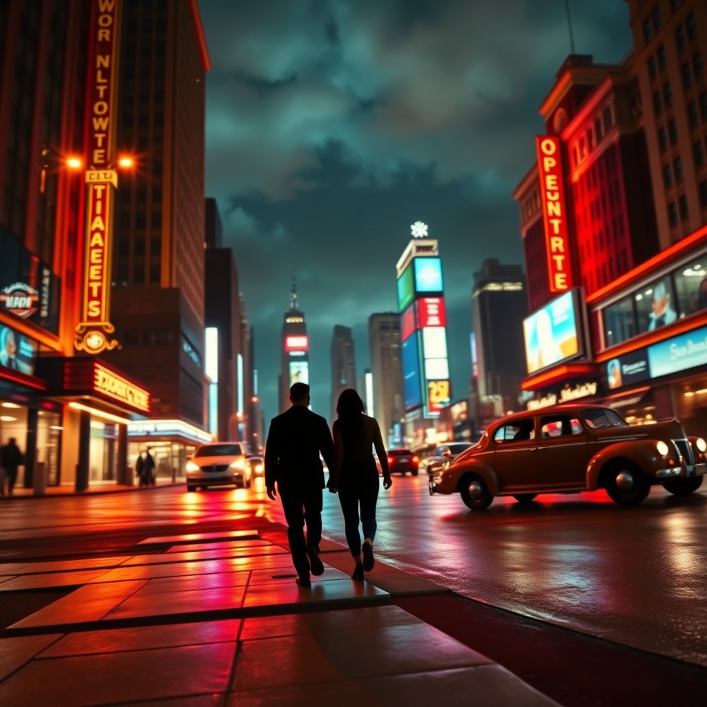 A vibrant and dynamic film scene, capturing the essence of a bustling city at night with neon lights reflecting on wet pavement