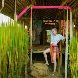 A beautiful Russian teenager girl dressed in Indonesian farmer's clothing, posing in a bright and beautiful hut in the Indonesian rice fields.