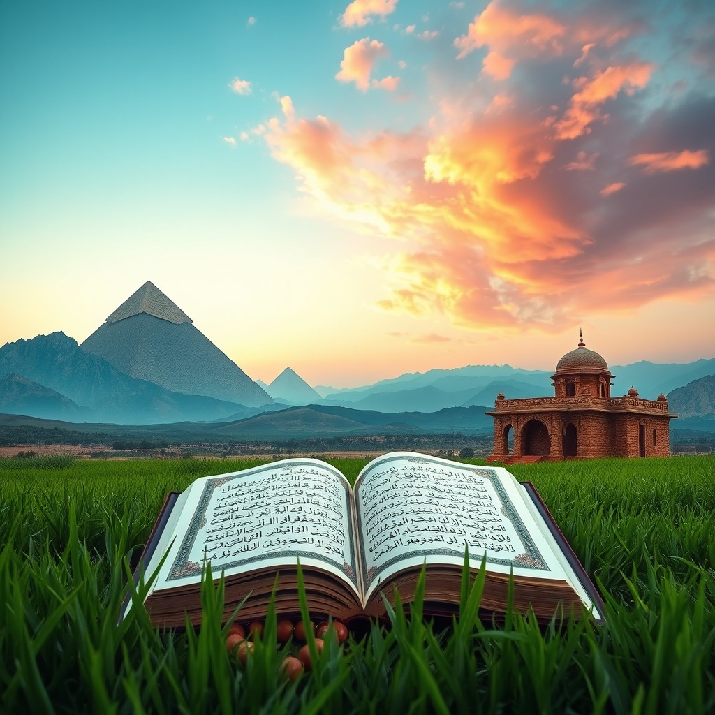 A serene natural landscape featuring majestic mountains and pyramids, designed to evoke a sense of reverence