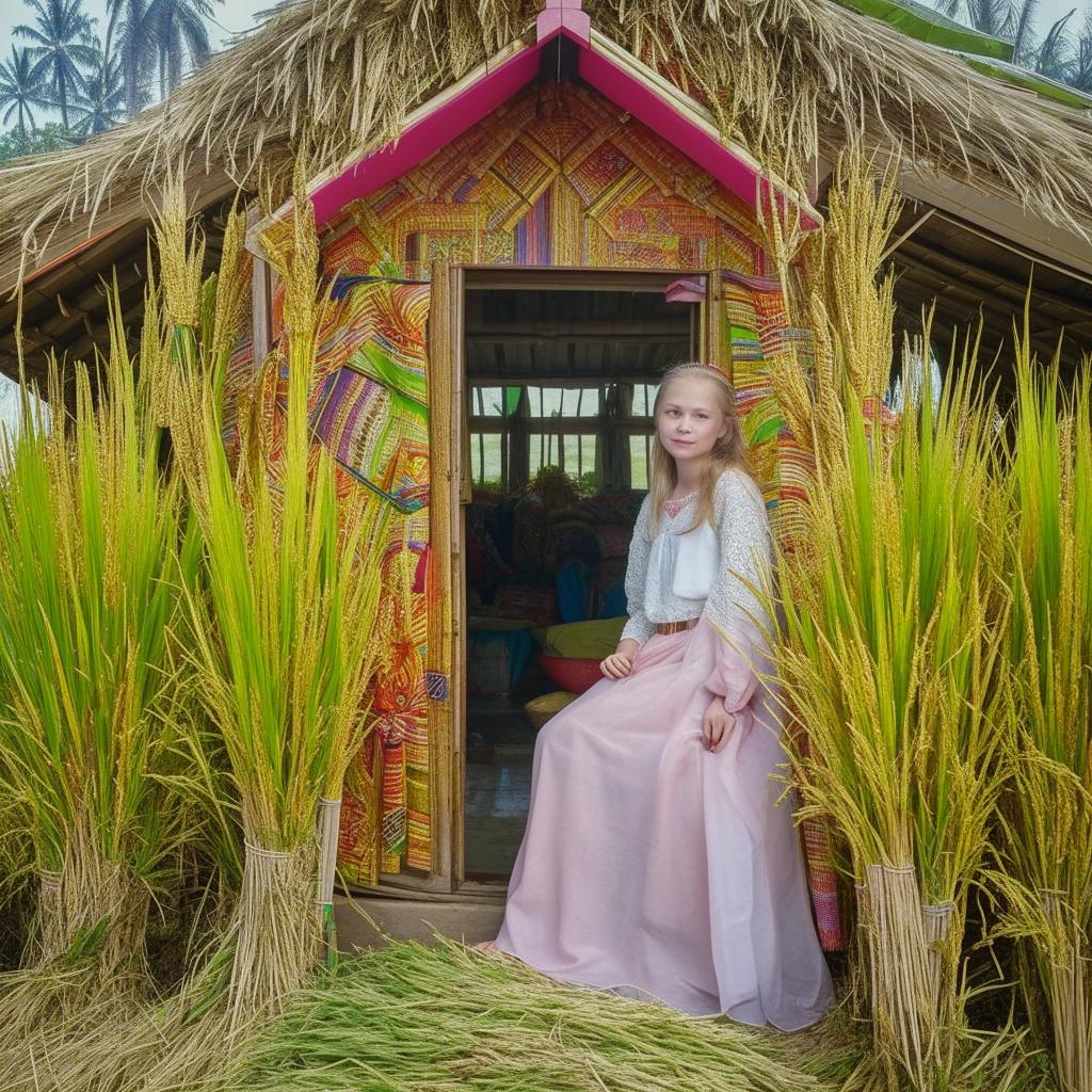 A beautiful Russian teenager girl dressed in Indonesian farmer's clothing, posing in a bright and beautiful hut in the Indonesian rice fields.