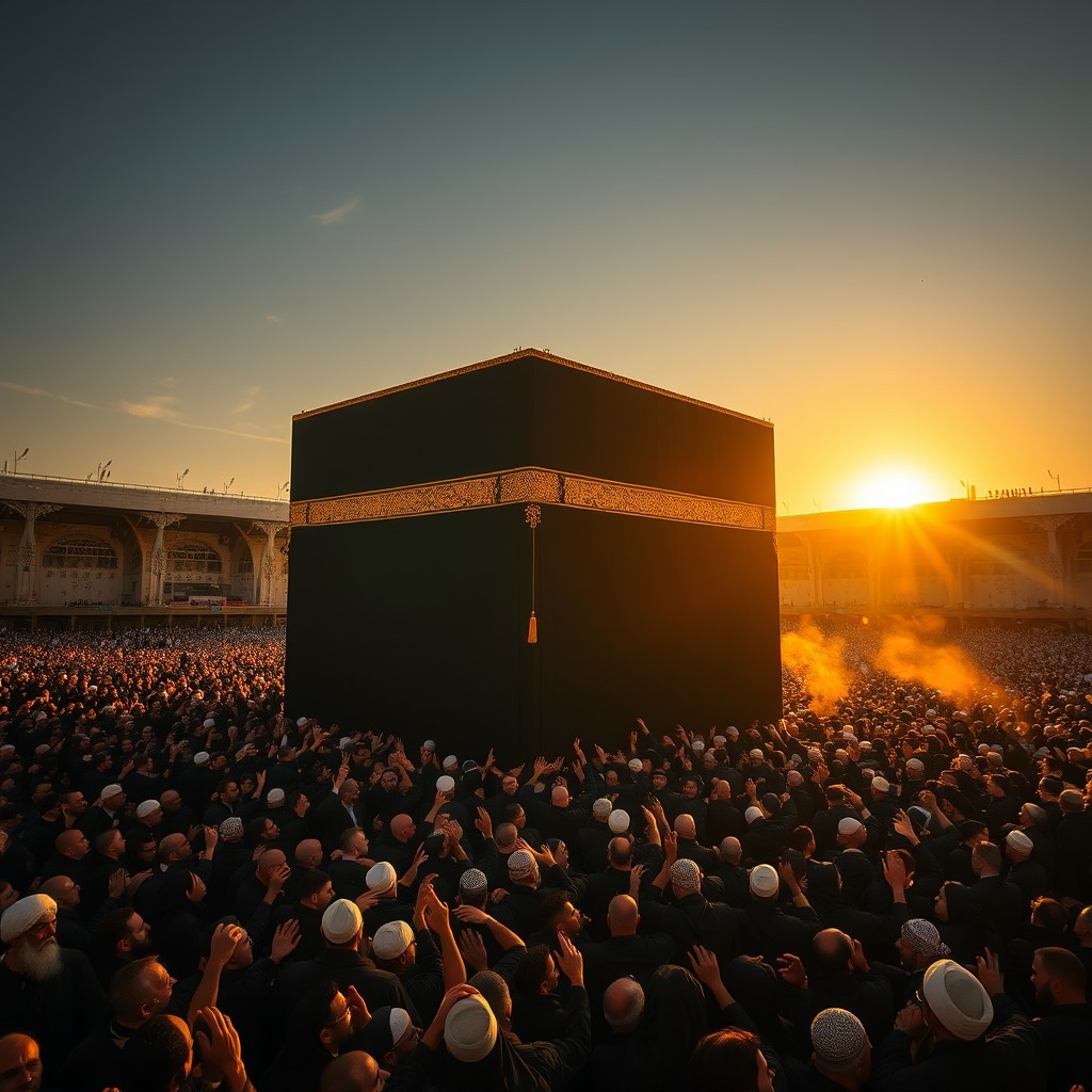 A dramatic scene of the Kaaba in Mecca, surrounded by an immense crowd of people wearing traditional black garments