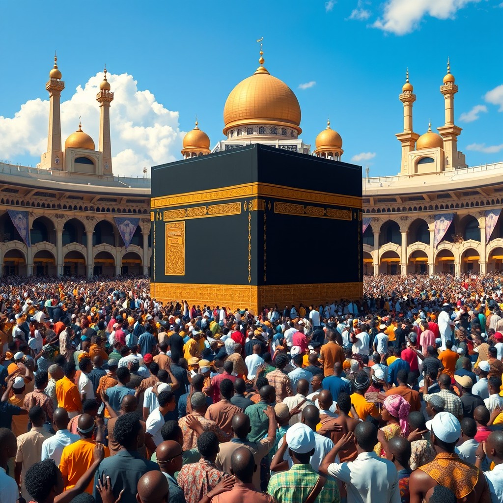 A vibrant scene depicting the Kaabah in Mecca, surrounded by a diverse crowd of thousands of black Africans, showcasing a peaceful gathering rather than destruction