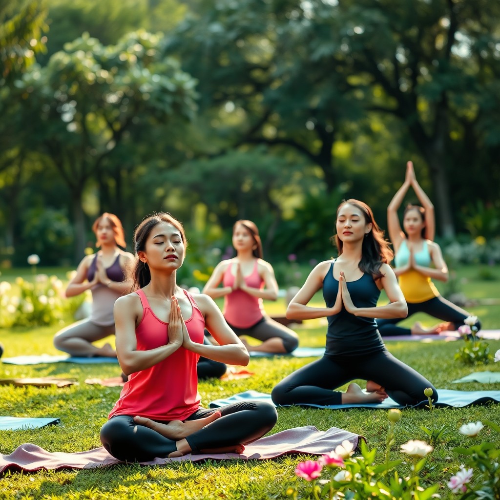 a serene and tranquil scene of Asian women practicing yoga in a beautiful outdoor setting, surrounded by lush greenery and blooming flowers, focusing on different poses like downward dog and tree pose, wearing colorful, breathable yoga attire, with soft sunlight filtering through the trees creating a warm atmosphere, some women meditating peacefully with closed eyes, while others are actively engaging in their practice, showcasing flexibility and strength, emphasizing harmony with nature