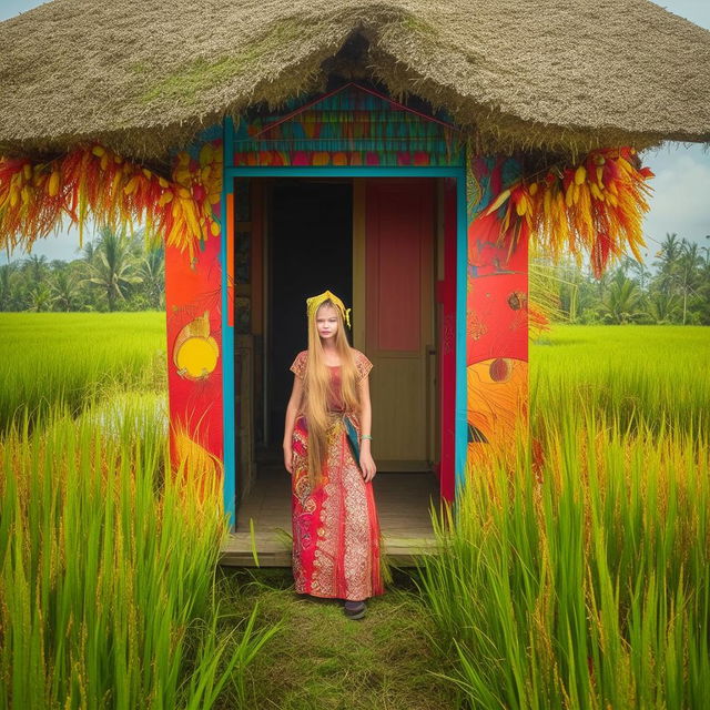 A beautiful Russian teenager girl dressed in Indonesian farmer's clothing, posing in a bright and beautiful hut in the Indonesian rice fields.