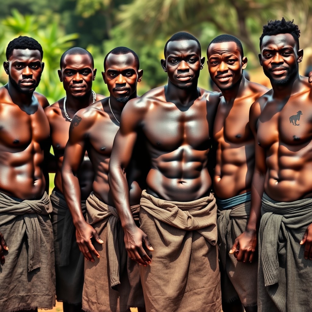 A group of muscular black African men standing together, showcasing their impressive physiques