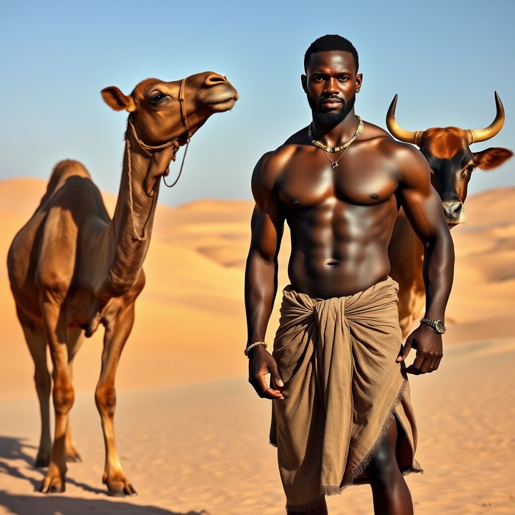 A powerful muscular Black African man stands confidently next to a majestic camel and a sturdy cow
