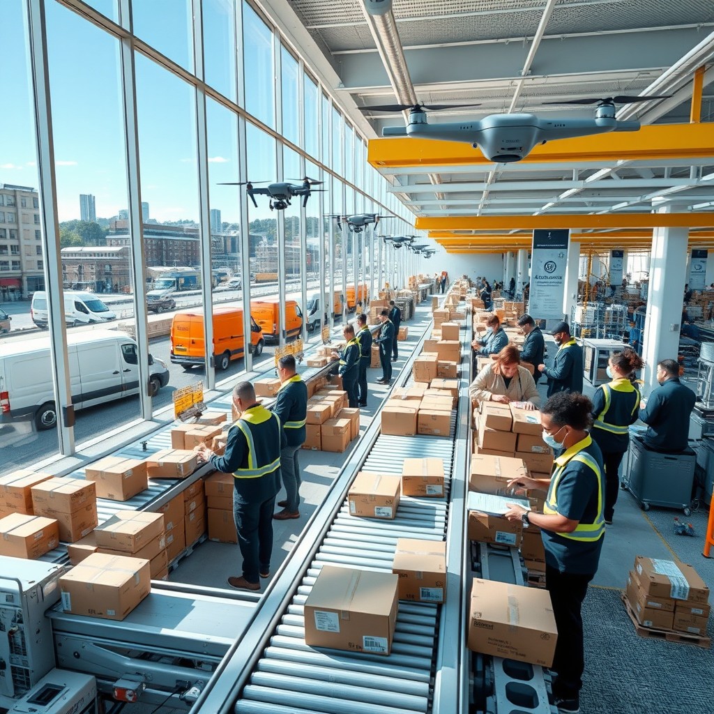 A sleek, modern logistics hub with advanced technology and workers efficiently packing and sorting packages