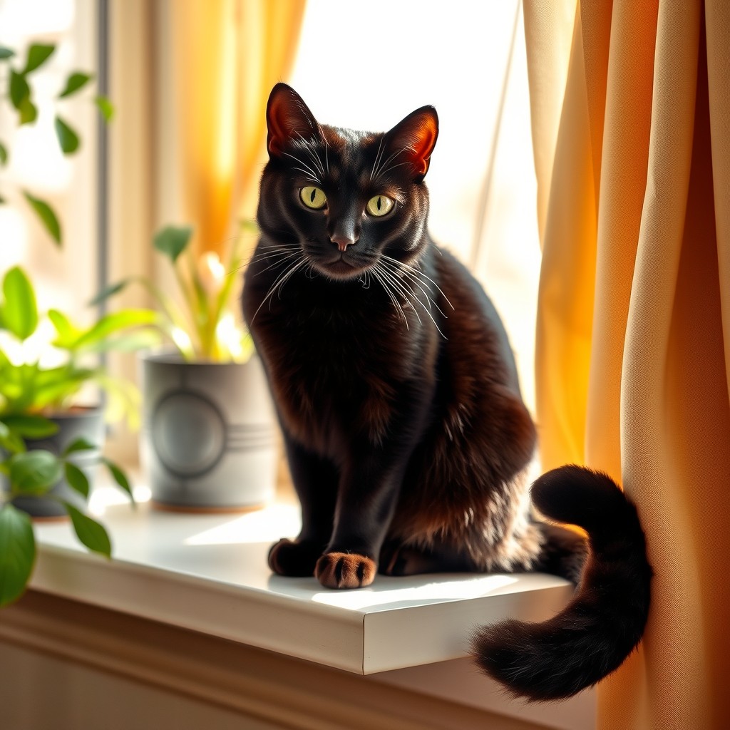 A stunning male black cat sitting gracefully on a windowsill, basking in warm sunlight