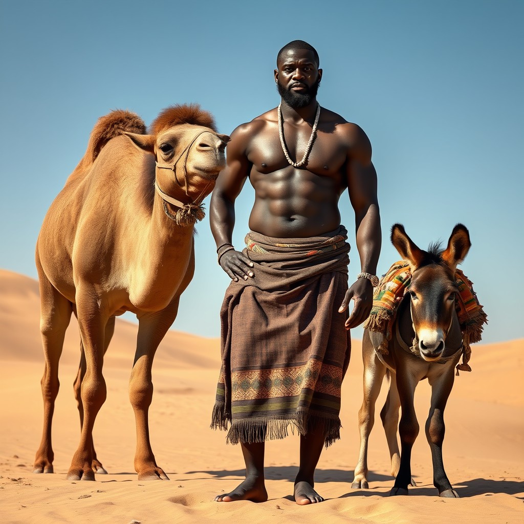 A strong muscular Black African man stands proudly next to a regal camel and a sturdy donkey