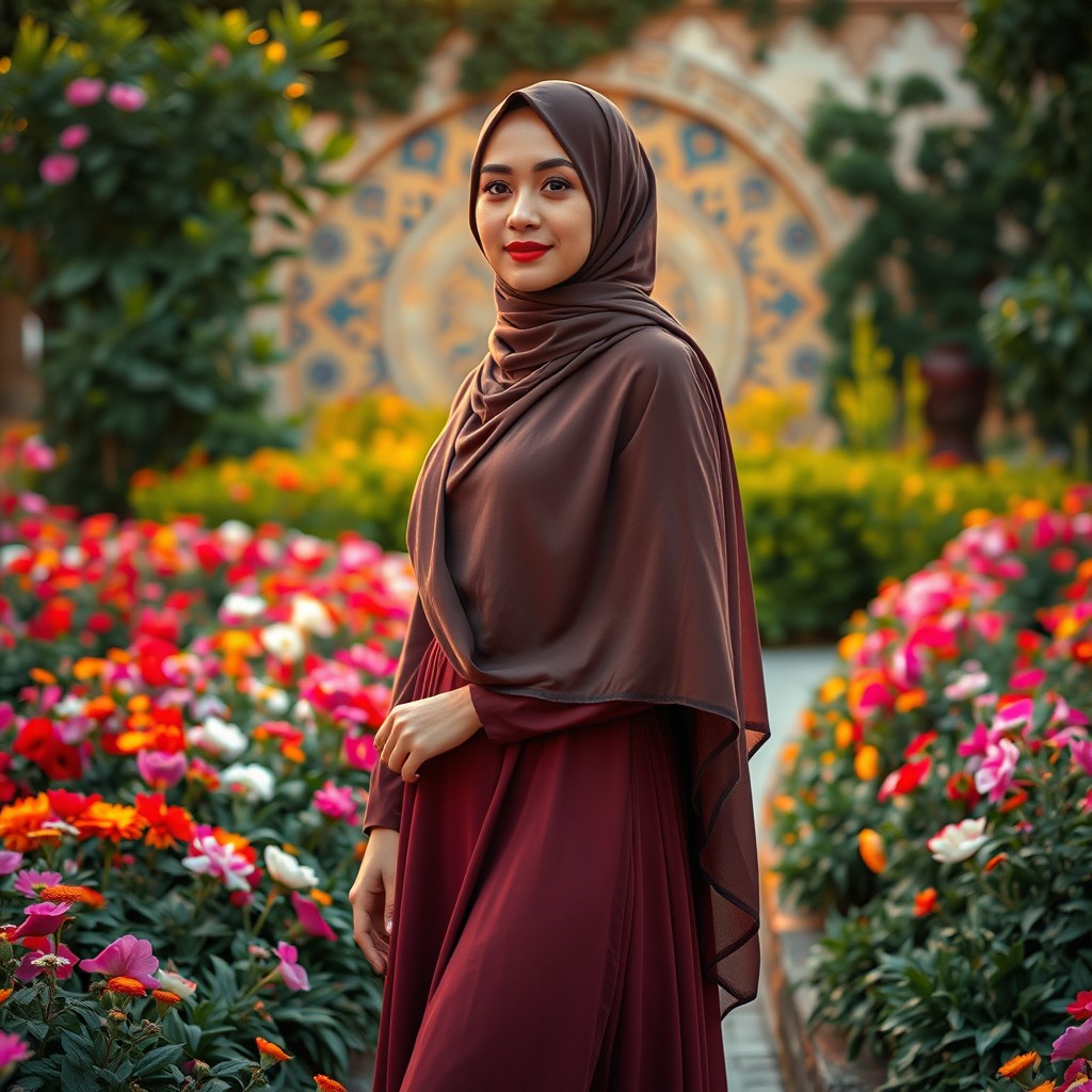 A beautiful Muslim woman dressed in a stylish hijab, standing gracefully in an intricate garden filled with colorful flowers and greenery