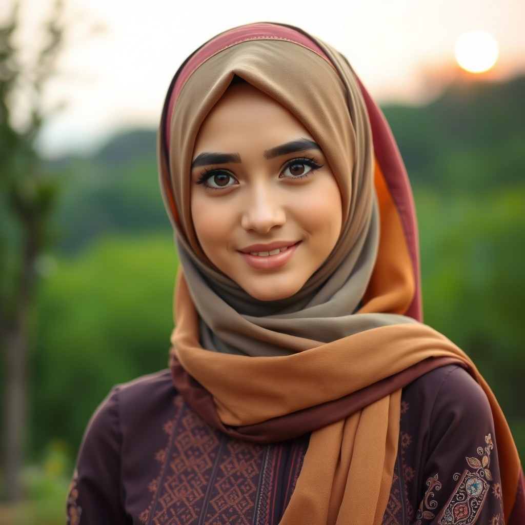 A beautiful Muslim woman wearing a colorful hijab that elegantly frames her face, set in a serene and peaceful environment