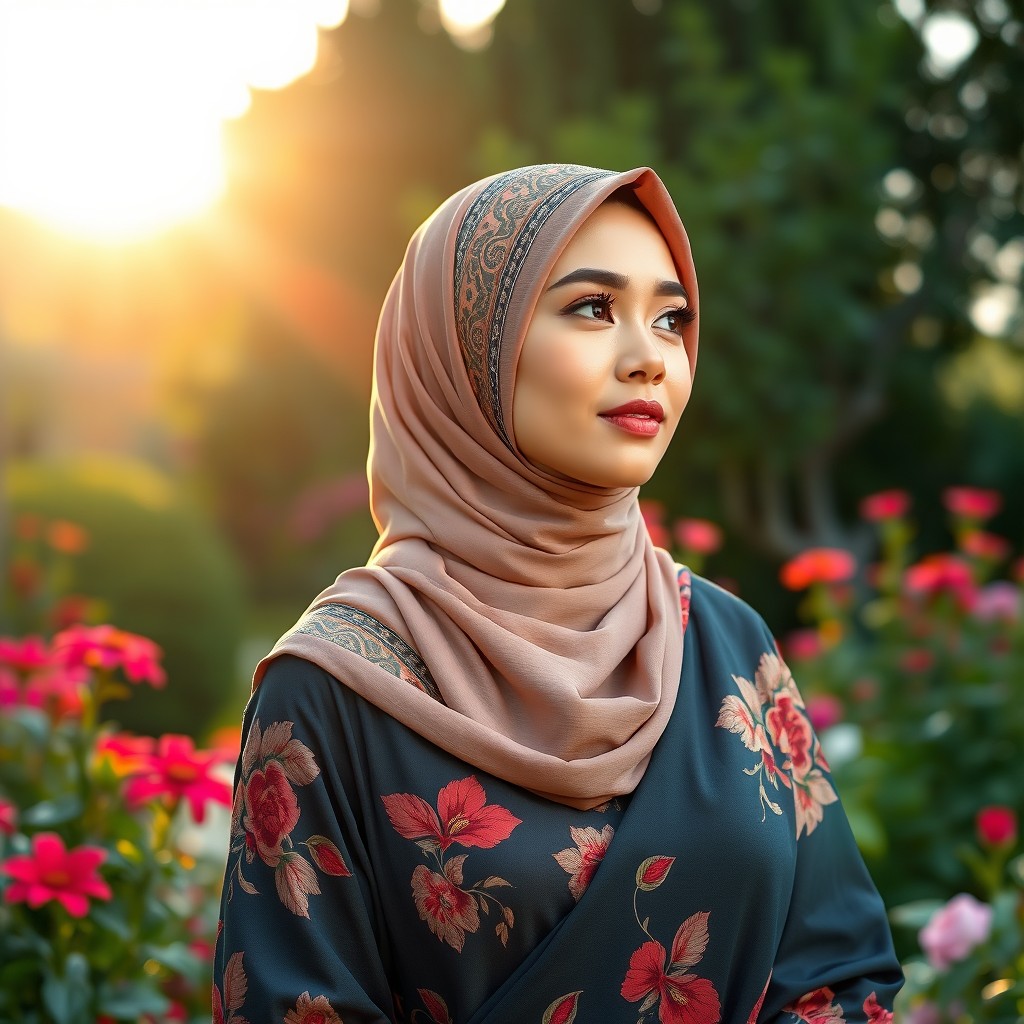 A beautiful Muslim wife dressed in a luxurious, elegant hijab, adorned with intricate floral patterns