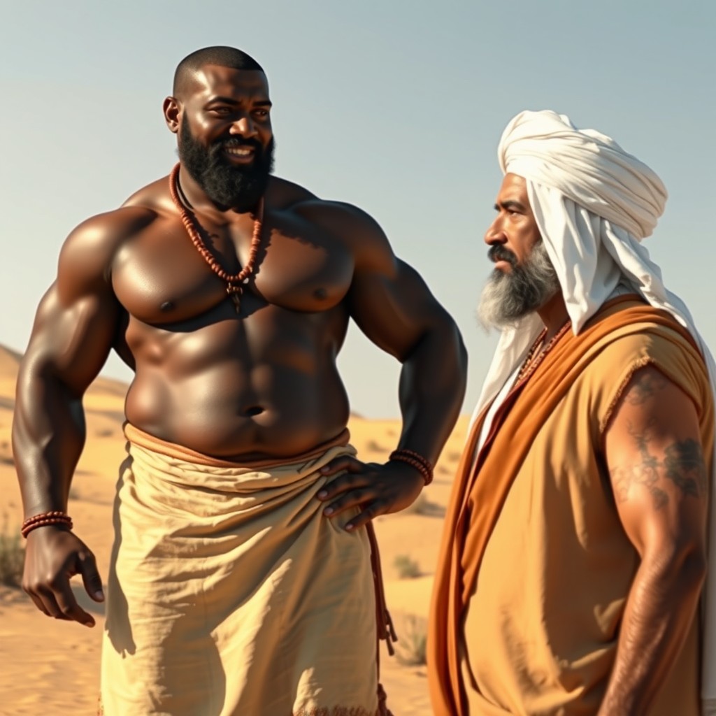 A scene depicting a big, muscular African man wearing a traditional loincloth, standing confidently while asking a question