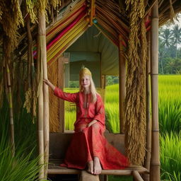 A beautiful Russian teenager girl dressed in Indonesian farmer's clothing, posing in a bright and beautiful hut in the Indonesian rice fields.