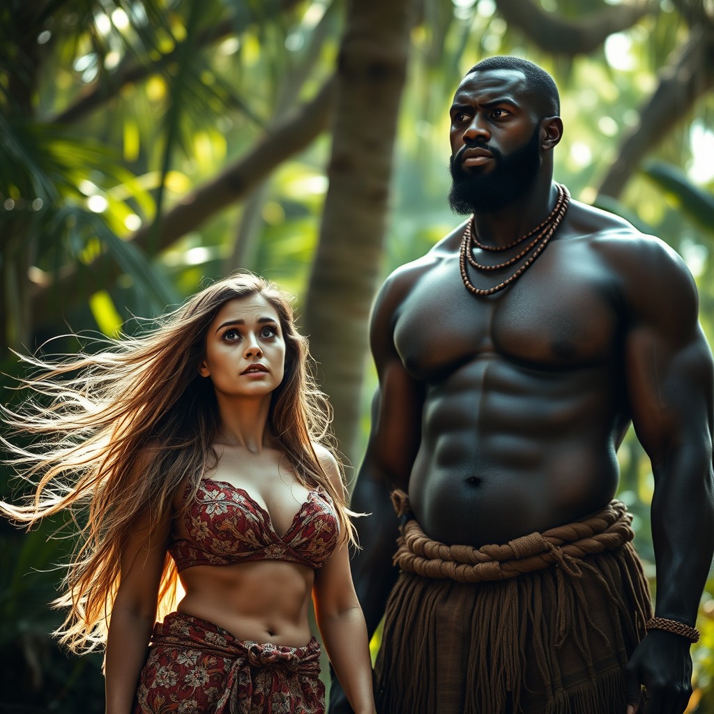 A beautiful woman with long flowing hair, her expression filled with fear, gazing wide-eyed at a big muscular African man wearing a traditional loincloth