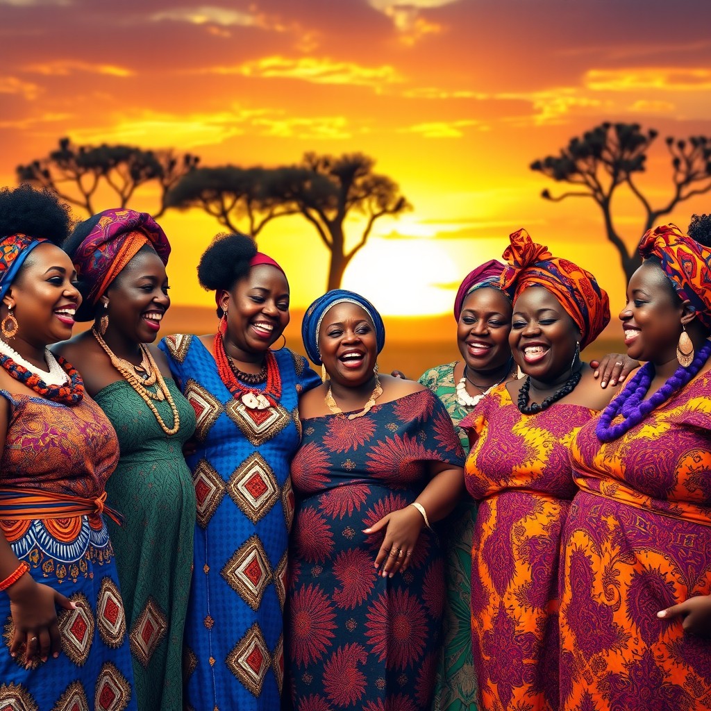 A vibrant and celebratory scene showcasing a diverse group of confident, big, fat Black African women gathered together