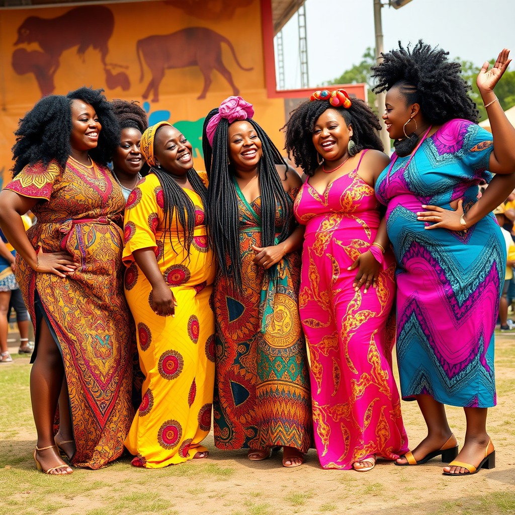 A vibrant and joyful scene featuring a group of big, confident Black African women, celebrating together in bright, colorful traditional attire