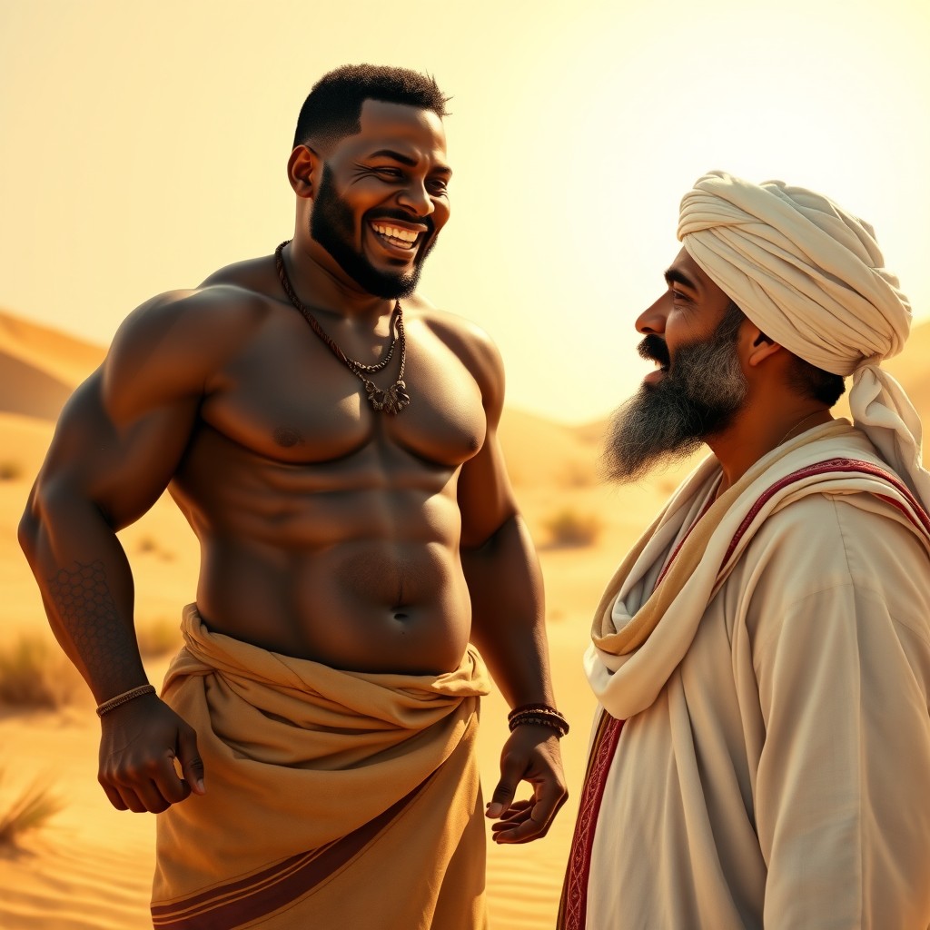 A scene depicting a big, muscular African man wearing a traditional loincloth, standing confidently while smiling and laughing as he asks a question
