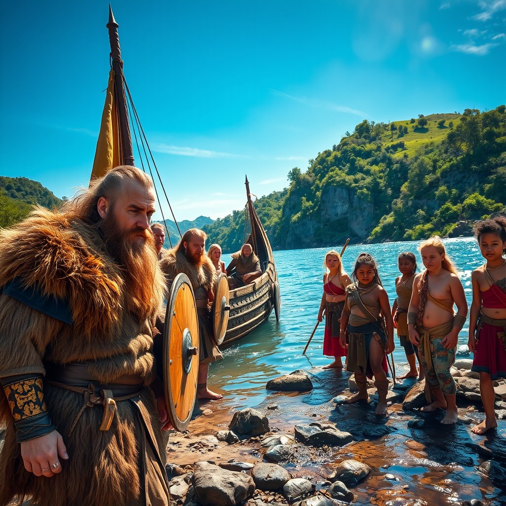 A group of Vikings preparing to cross a river, showcasing their traditional attire with fur cloaks and shields, rugged faces showing determination