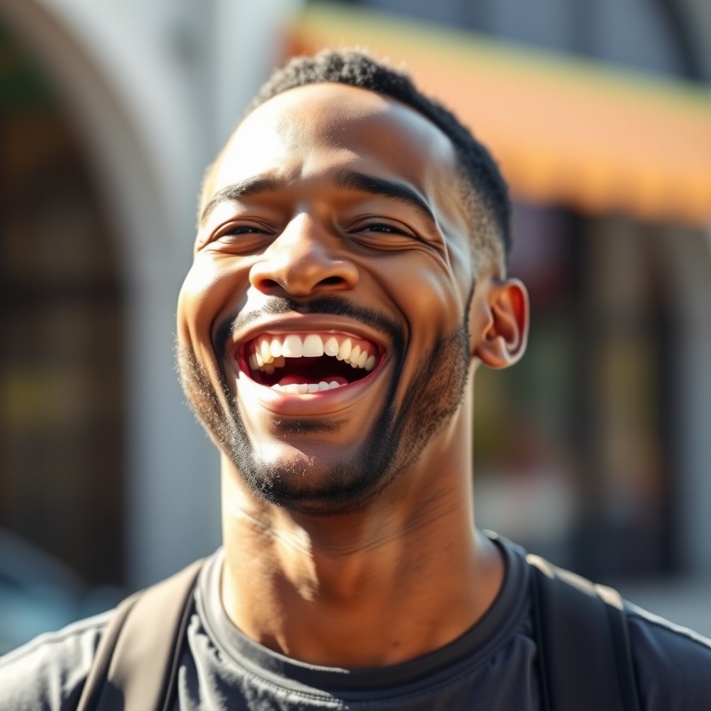 A joyful and charismatic black man laughing heartily, embodying a sense of contagious happiness, standing outdoors with a vibrant background