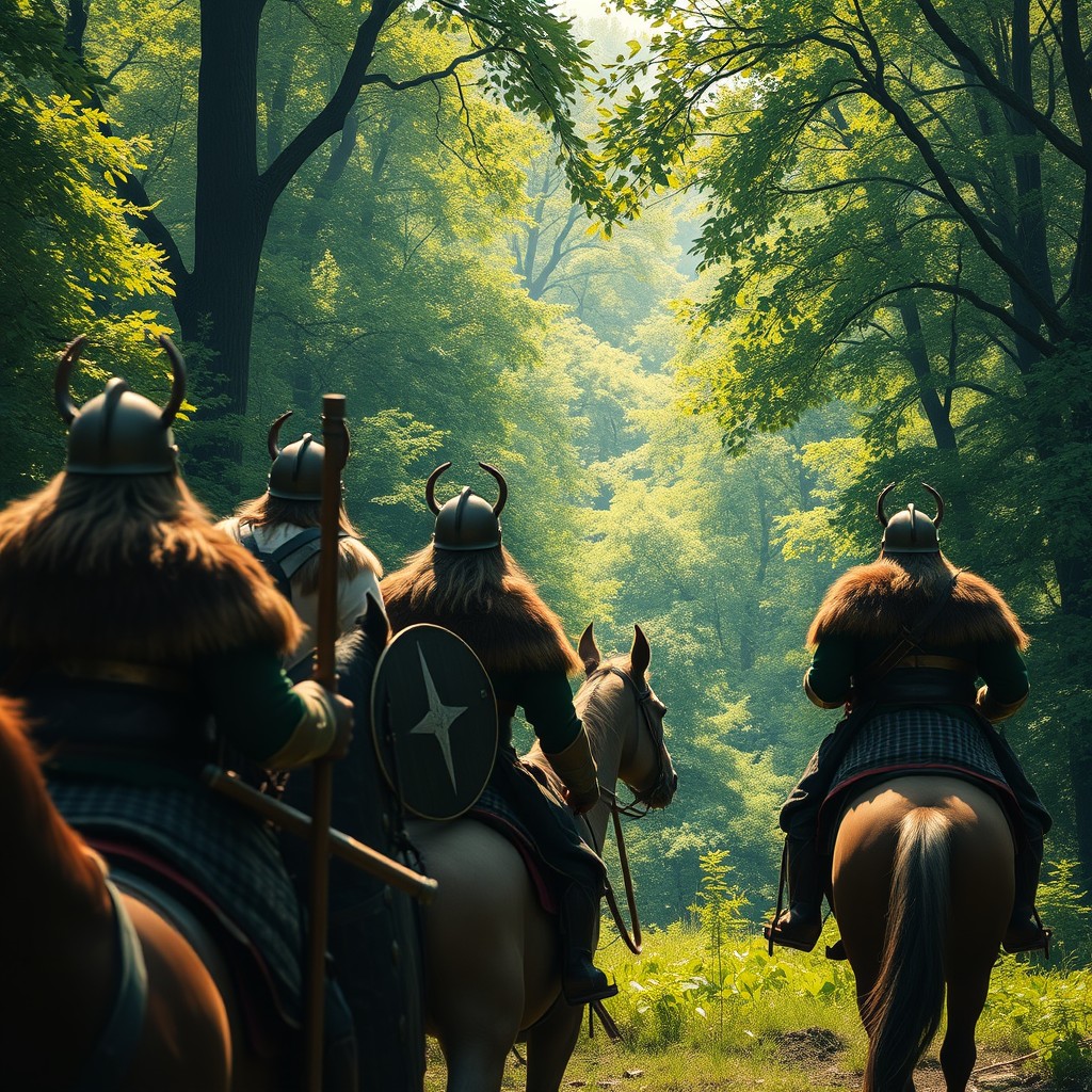 A group of Vikings in traditional armor and helmets on horseback, gazing intently at a dense, lush forest
