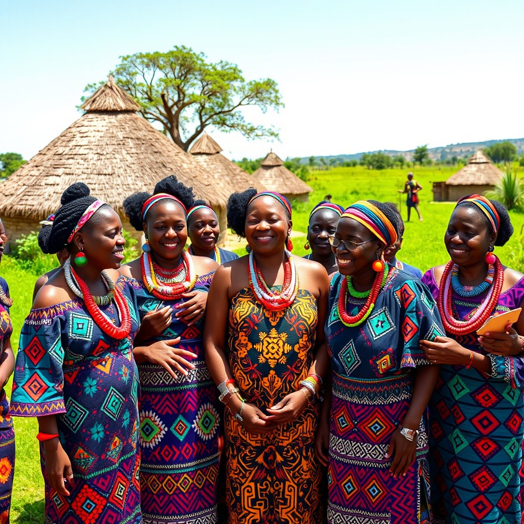 A vibrant and lively gathering of Ndebele women, showcasing their traditional attire with bright, geometric patterns and intricate beadwork