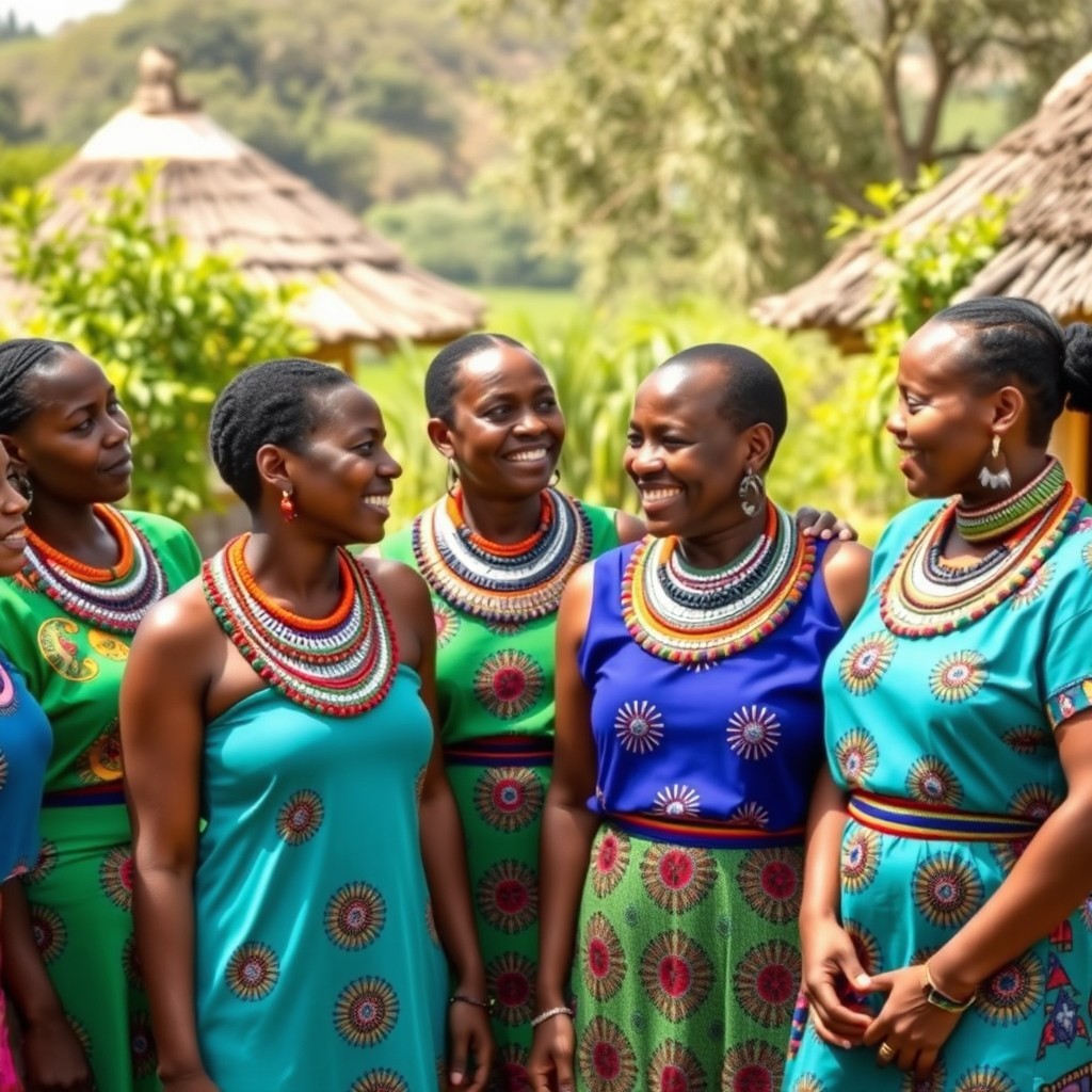 A vibrant group of Ndebele women displaying their traditional attire and unique neck rings, each woman showcasing intricate beadwork and colorful patterns