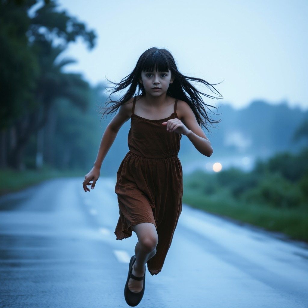 A brunette girl with bangs running in the rain, wearing a brown dress and ballet flats
