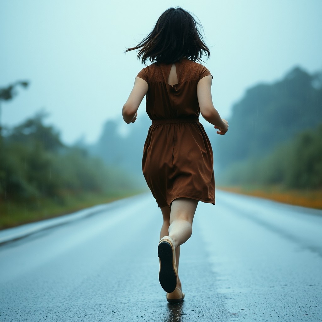 A brunette girl with bangs running in the rain, wearing a brown dress and ballet flats