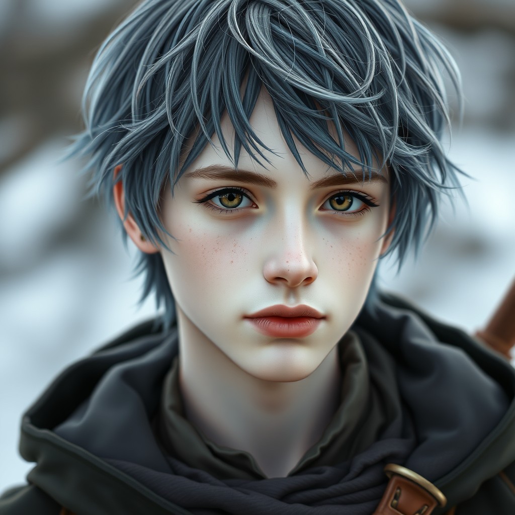 An 18-year-old wind genasi character with white skin and very dark brown eyes