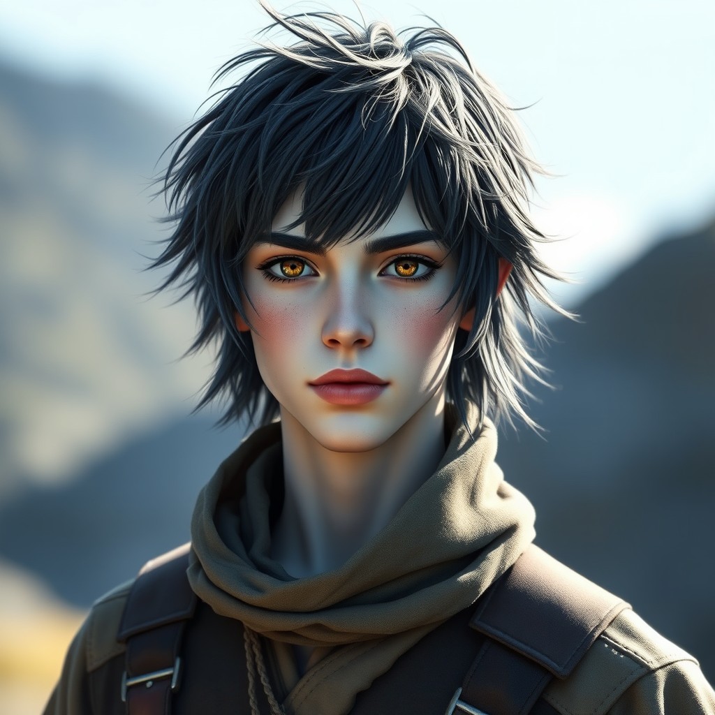 An 18-year-old male wind genasi character with white skin and very dark brown eyes