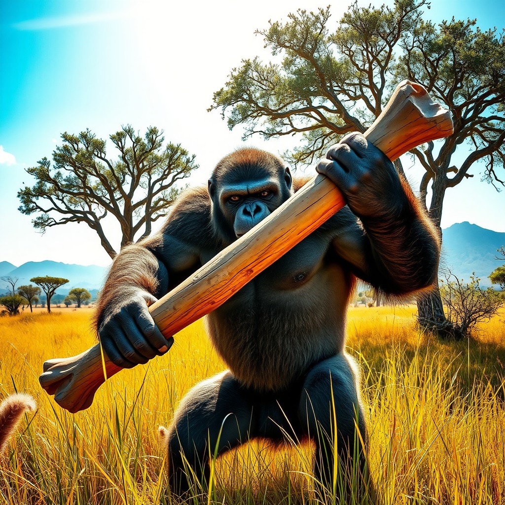 A powerful and fierce looking ape holding a large bone as a weapon in the African wilderness