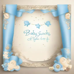 A welcoming banner, ornately decorated with soothing baby boy themes, celebrating the arrival of a new born baby boy.