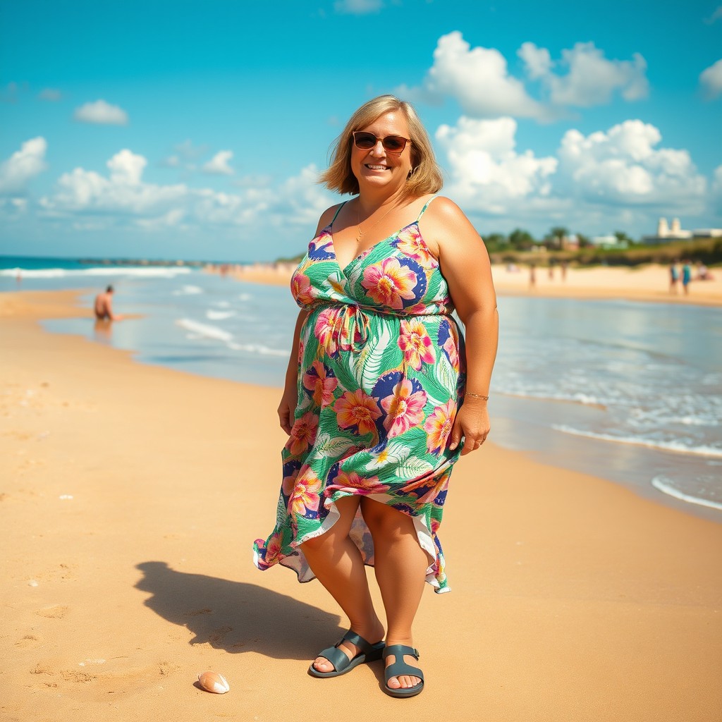 A middle-aged woman with a curvy and overweight body, wearing stylish sandals, standing confidently on a sunny beach