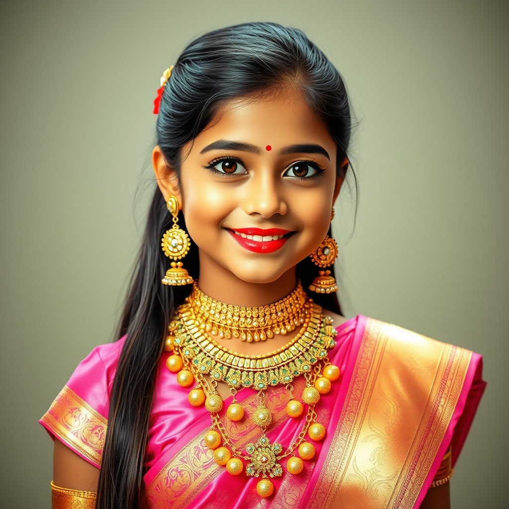 A portrait of a stunning Indian girl dressed in a beautiful pink saree adorned with intricate gold borders and designs, enhancing her elegance