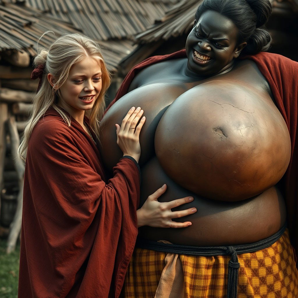 In a poor medieval village, a young blonde woman, 19 years old, appearing malnourished with rotten teeth, is wearing a long, closed noble Buddhist cloak