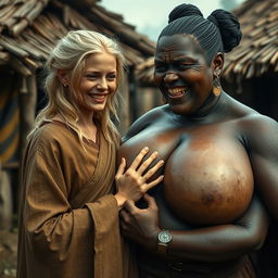 In a poor medieval village, a young blonde woman, 19 years old, appearing malnourished with rotten teeth, is wearing a long, closed noble Buddhist cloak