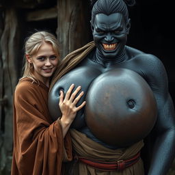 In a poor medieval village, a young blonde woman, 19 years old, appearing malnourished with rotten teeth, is wearing a long, closed noble Buddhist cloak