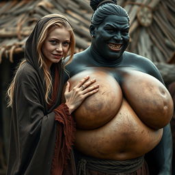 In a poor medieval village, a young blonde woman, 19 years old, appearing malnourished with rotten teeth, is wearing a long, closed noble Buddhist cloak